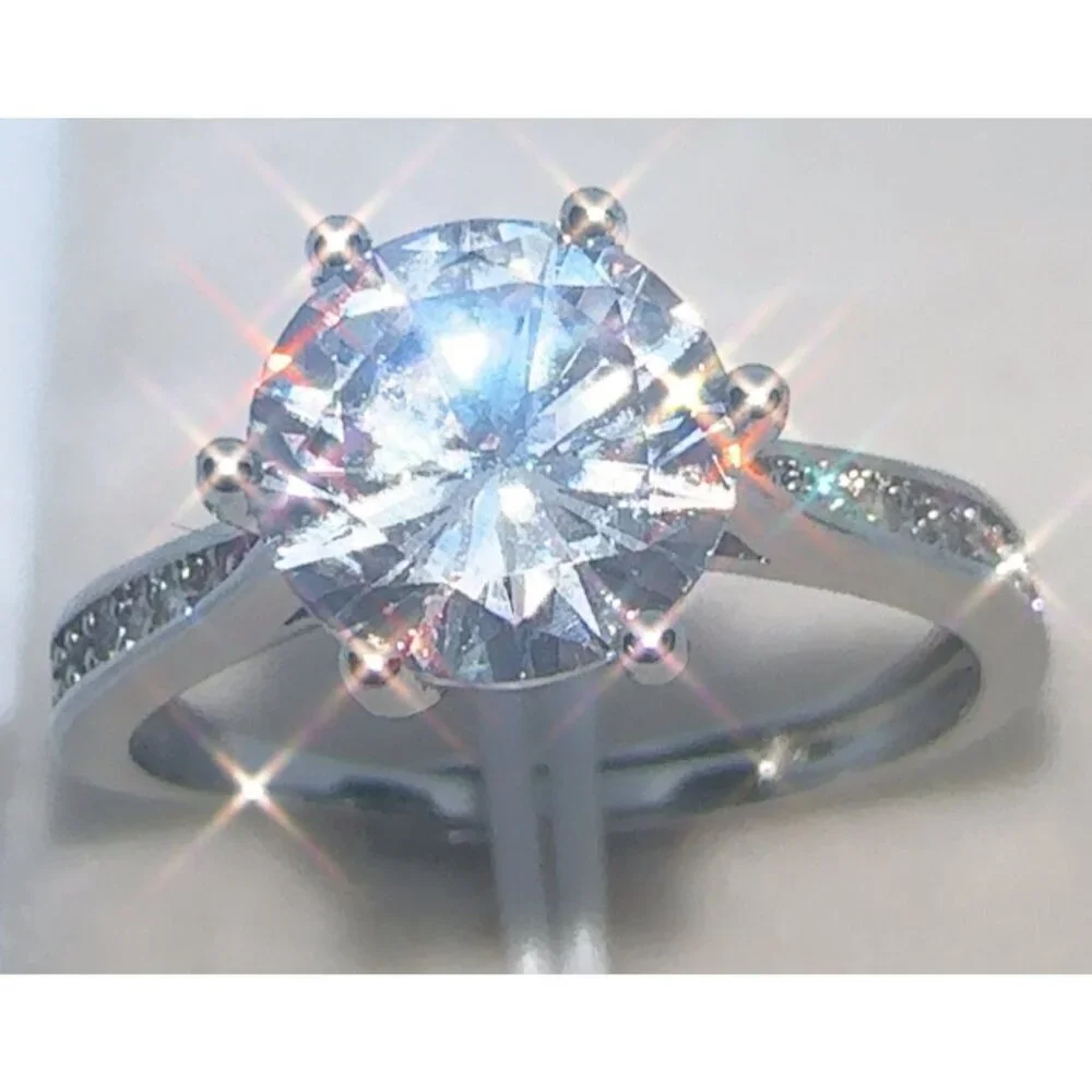 Silver Wedding Ring Diamond Simulant Adjustable Size 6 to 8